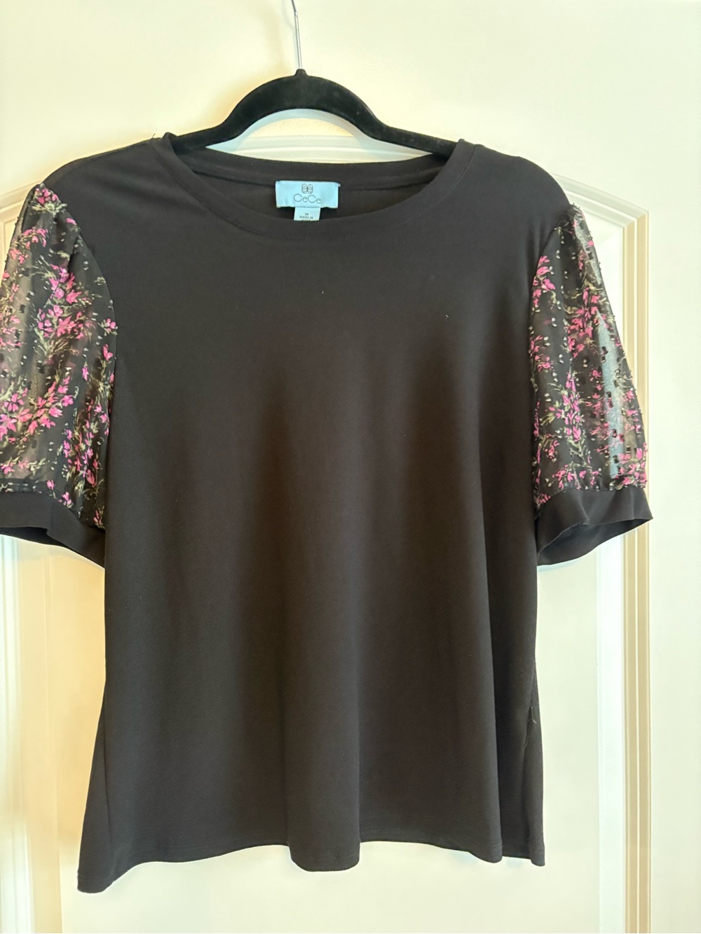 C&C California Black Tee with Pink Floral Puff Sleeves